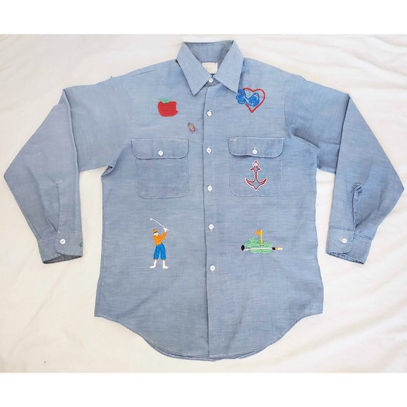 Vintage JC Penny Big Mac Mens Chambray Custom Hand Embroidered Golf Shirt - Picture 2 of 9